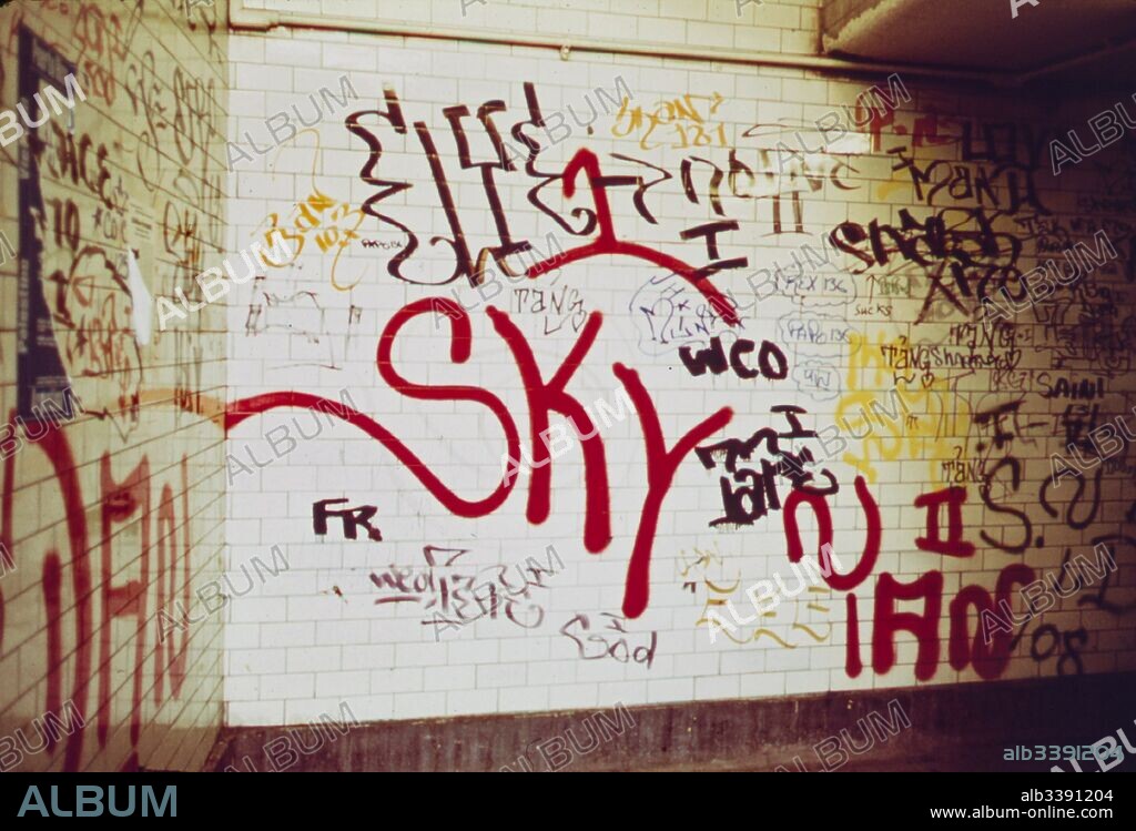 Wall of the 116th Street subway station in East Harlem, New York City, New York with extensive graffiti, May, 1973. Image courtesy National Archives.