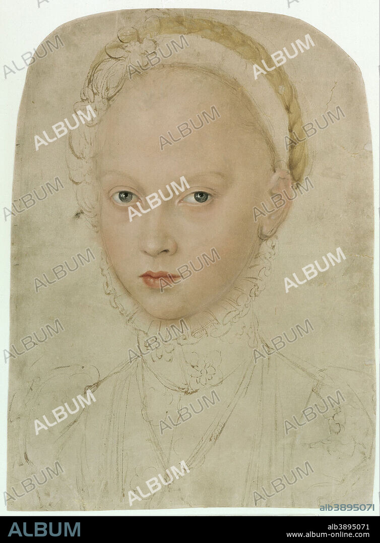 LUCAS CRANACH THE YOUNGER. Portrait of Princess Elisabeth of Saxony. Date/Period: 1564. Paper. Brush, sketched in brown, face and plait of hair executed in oils; paper prepared with light pink oil paint Brush, sketched in brown, face and plait of hair executed in oils; paper prepared with light pink oil paint. Height: 388 mm (15.27 in); Width: 285 mm (11.22 in).