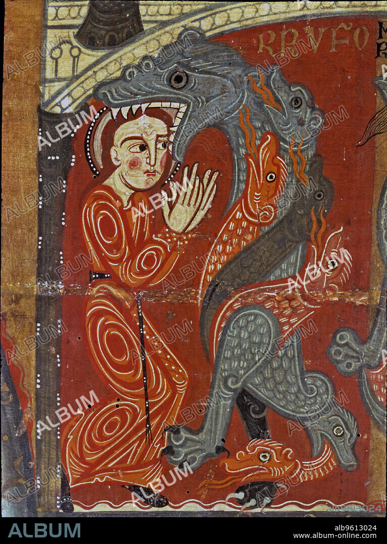 Detail of the altar front in the chapel of Santa Margarita, with a scene of a dragon devouring the saint, from Sant Marti Sescorts .