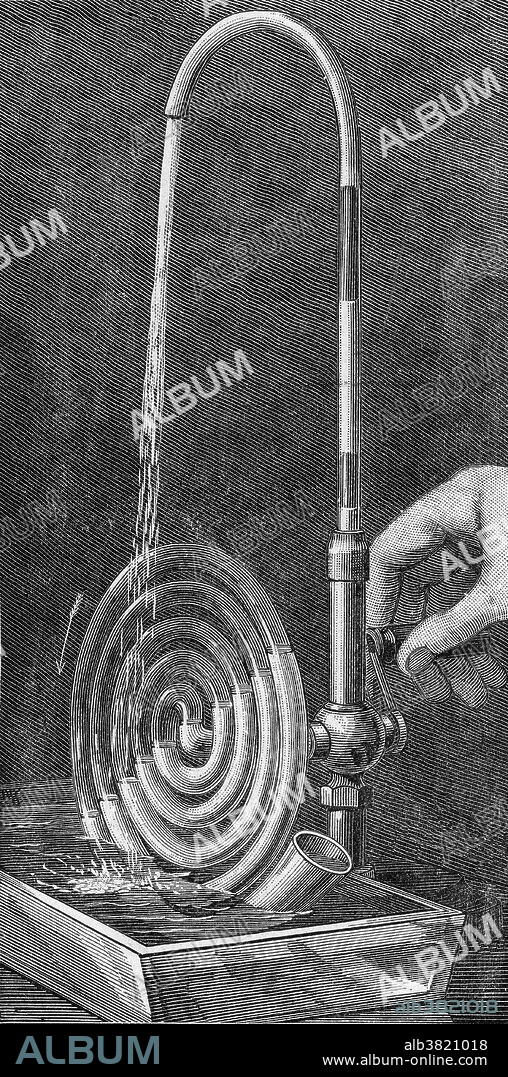 A spiral pump is a low lift pump which is composed of a long piece of metal plating, which is wound into a coil and sealed at the top and back extremities so as to resemble a cylinder. The outer cavity serves as the inlet, while the inner (partial) tube serves as the outlet. The outlet pipe is fixed to a engine or animal which is capable of rotating the pump quickly. Due to this rotation, water is picked up by the outer cavity and pumped upwards in the hose. In a publication by Thomas Ewbank entitled, Hydraulics (16th edition, 1876, figure 165). He attributes a drawing of a section of a spiral pump to H. A. Wirtz who created the pump in order to provide water for a factory near Zurich. Little is know about Wirtz other than he was from Zurich and was a pewterer. It is likely that he knew of the design of other devices such as the Archimedes screw and the Persian wheel. It has been suggested that owing to his profession, he would have had the know how to create a tubular spiral from metal. While the picture referenced in Ewbank's publication cites a date some time during 1876, it has been said that the device was originally created by Wirtz in 1746.