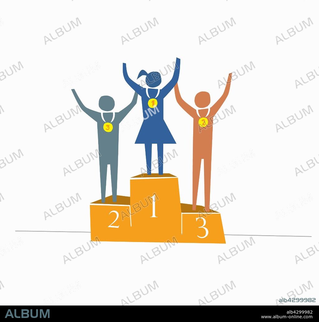People celebrating first, second and third position on winner's podium.