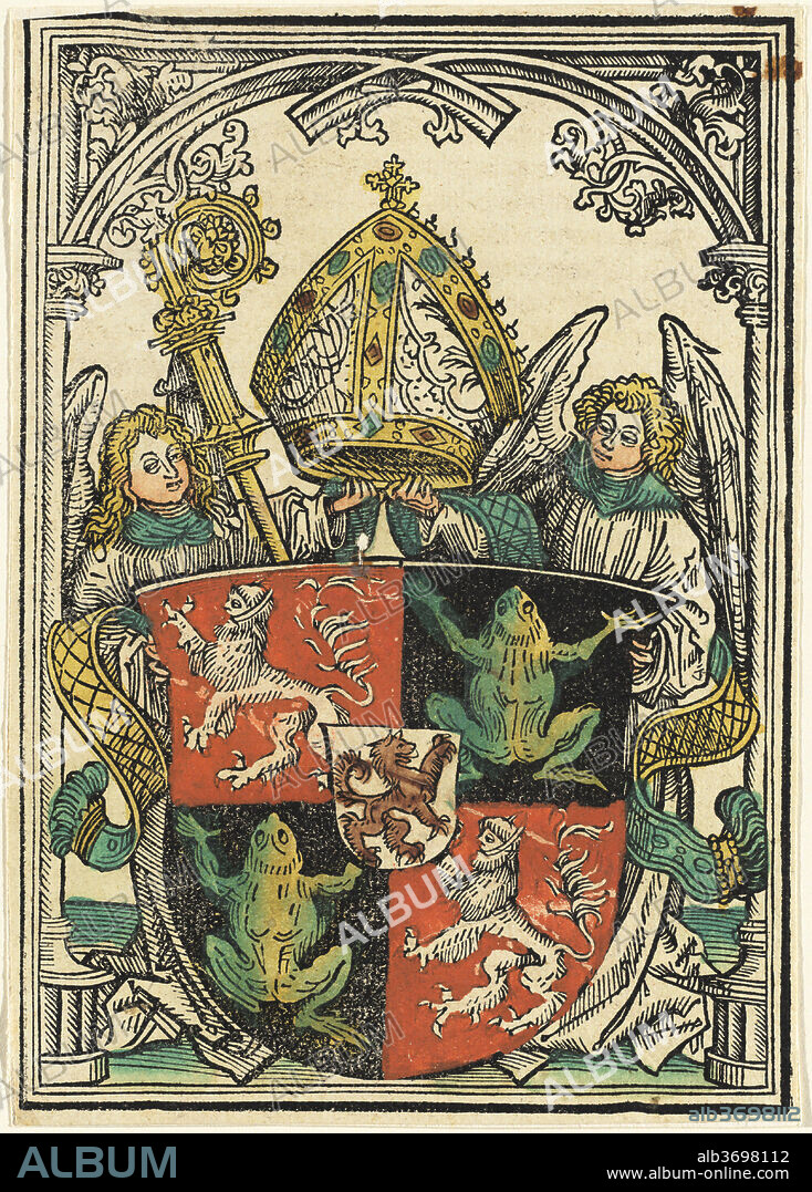 HANS BURGKMAIR I. The Coat of Arms of Wigeleus von Fröschel, Bishop of Passau. Dated: 1503. Dimensions: block: 18.2 x 13 cm (7 3/16 x 5 1/8 in.)  sheet: 18.7 x 13.2 cm (7 3/8 x 5 3/16 in.). Medium: hand-colored woodcut on laid paper.