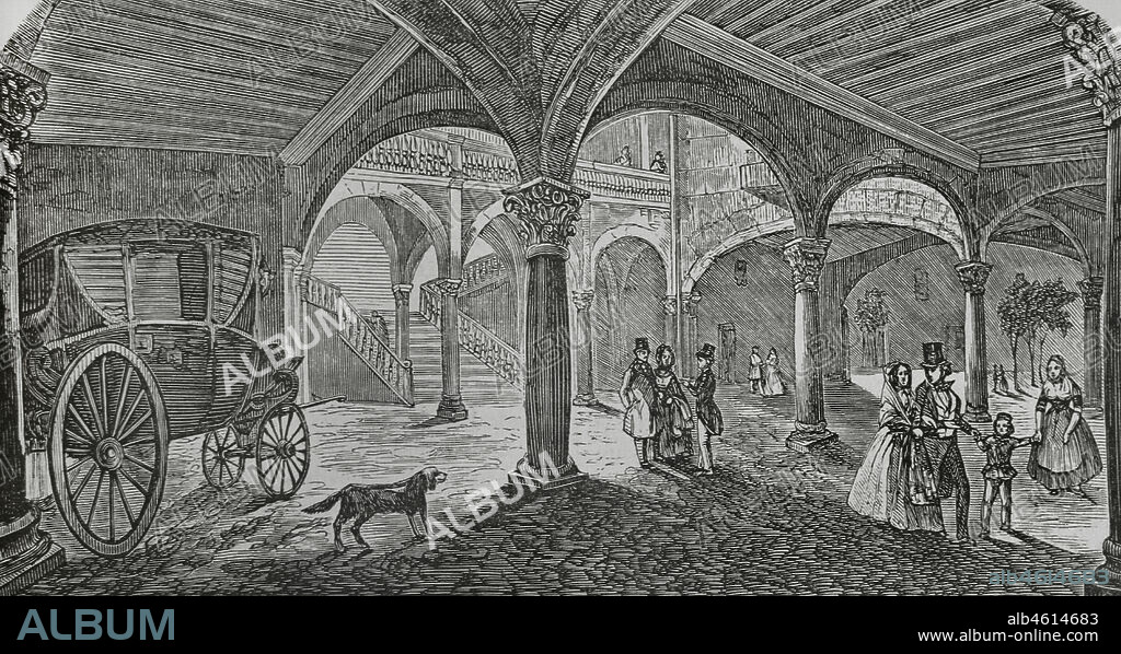 Palma, Mallorca, Balearic Islands, Spain. Courtyard of Can Vivot. Engraving. Crónica General de España, Historia Ilustrada y Descriptiva de sus Provincias (General Chronicle of Spain, Illustrated and Descriptive History of its Provinces), Balearics, 1871.