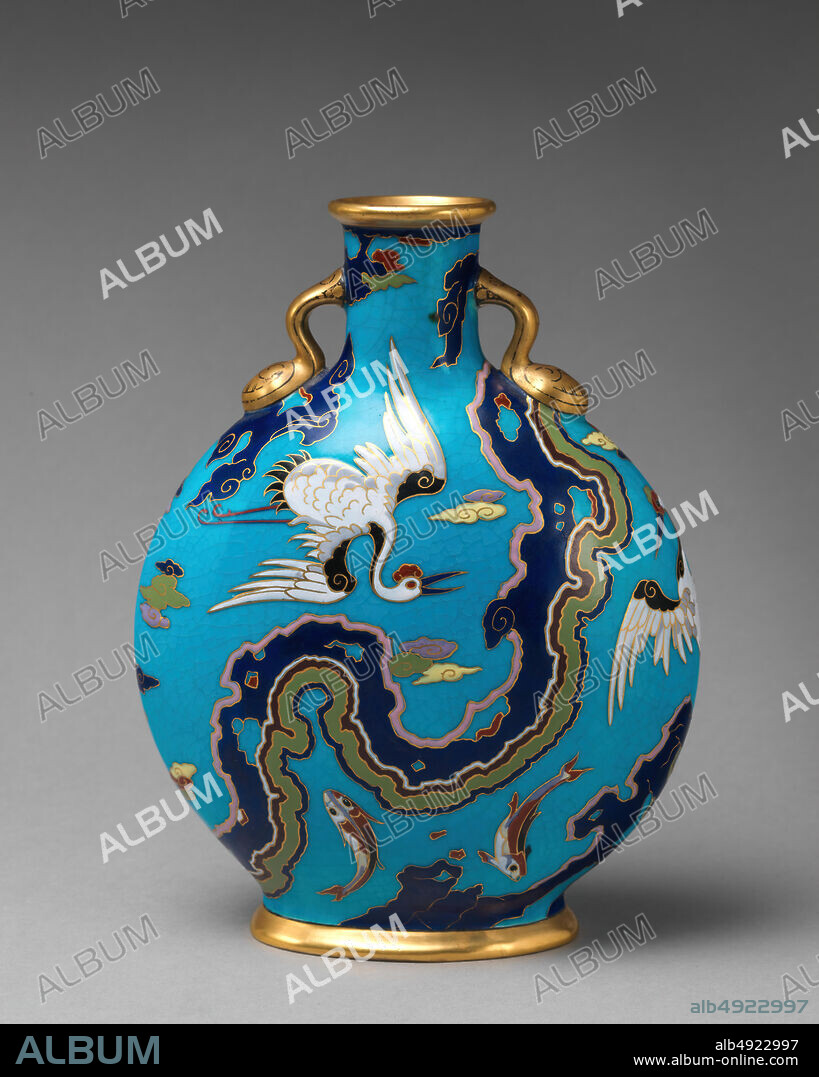 Design attributed to Christopher Dresser, Moon flask with crane and fish motifs, British, Stoke-on-Trent, Staffordshire, Minton(s) (British, Stoke-on-Trent, 1793present), 1870, British, Stoke-on-Trent, Staffordshire, Bone china, enamel, gilding, confirmed: 7 3/4 × 6 × 3 1/8 in. (19.7 × 15.2 × 7.9 cm), Ceramics-Porcelain.
