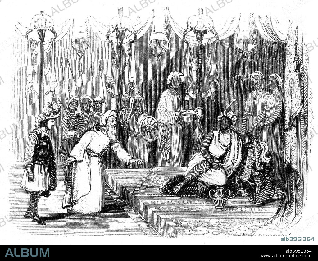 Vasco da Gama's introduction to the Zamorin, India, 1498, (1847). Portuguese explorer Vasco da Gama (1469-1524) is received by Manavikraman Raja, the Saamoothiri (or Zamorin) of Kozhikode. Illustration from The History of China and India, by Miss Corner, (Dean and Co, London, 1847).