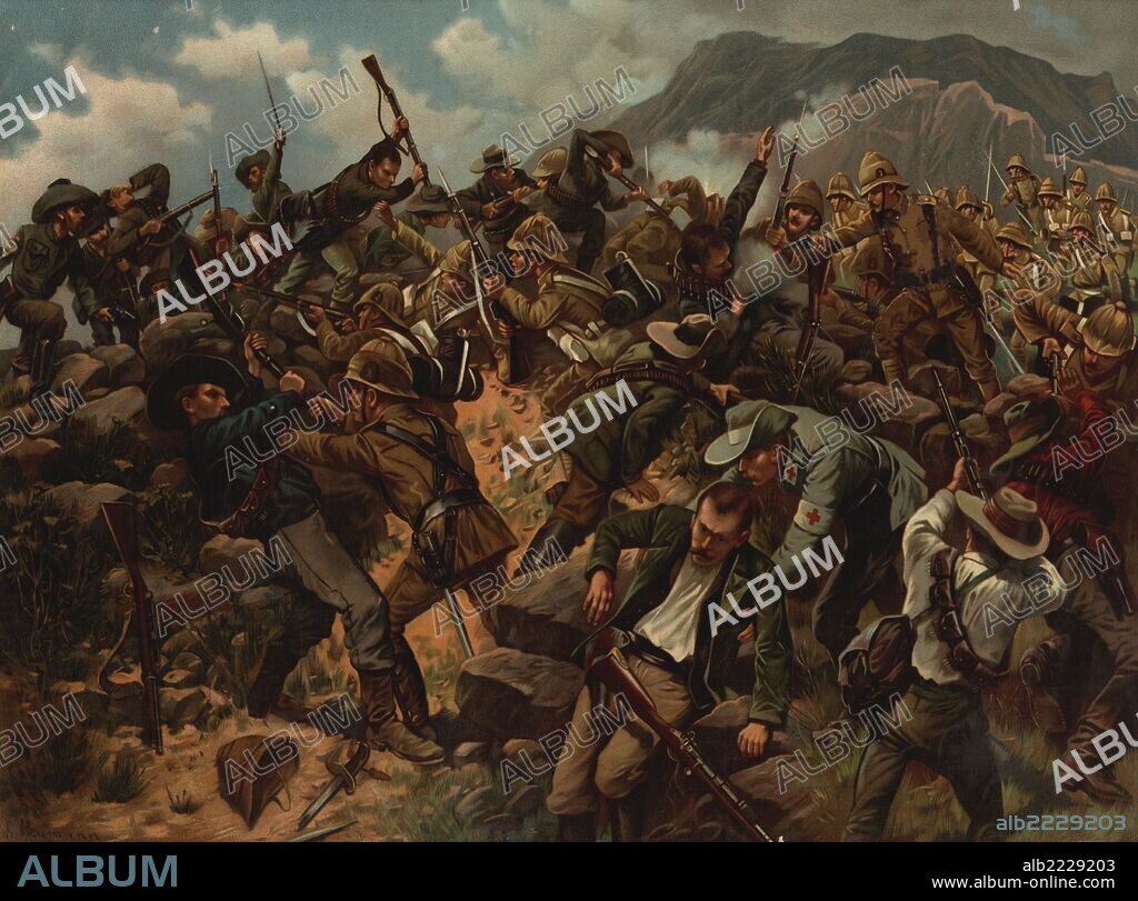 Sudáfrica. Guerra anglo-boer. Batalla de Spionskop entre tropas inglesas y boers, el 24 de enero de 1900.