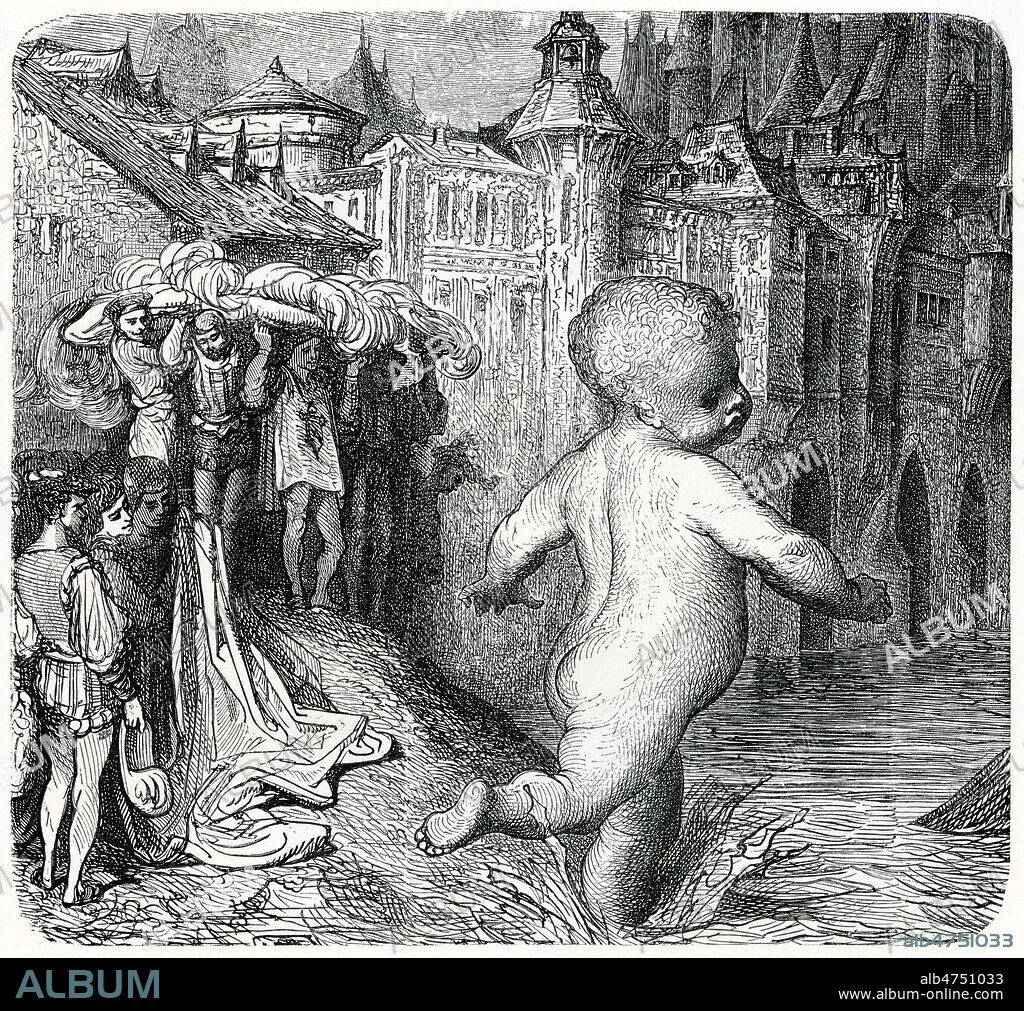 Gargantua allant se baigner dans la Seine. Illustration de Gustave DORE (1832-1883) pour La vie tres horrifique du Grand Gargantua tiree de l'ouvrage Oeuvres de Francois RABELAIS (1483-1553). (Livre 1, Chapitre XXIII). Edition de 1873. Credit : Collection KHARBINE-TAPABOR.