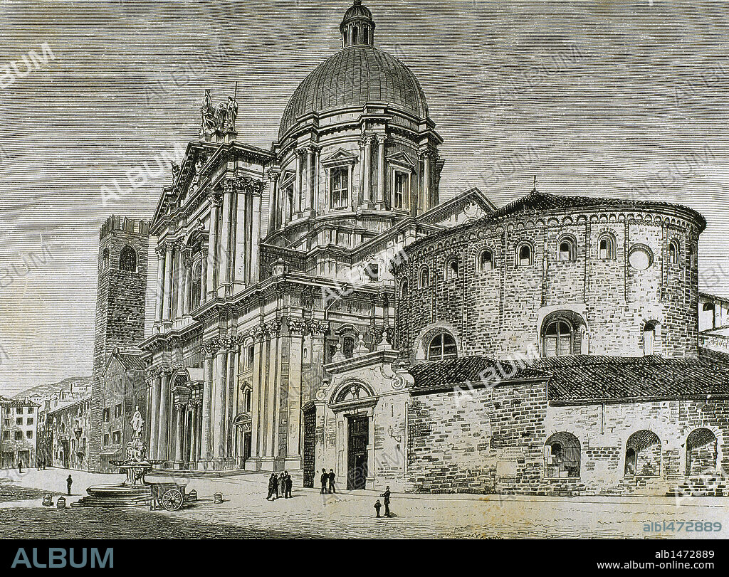 Italy. Brescia. View of the New and Old Cathedral (11th and 12th centuries). Nineteenth century engraving.