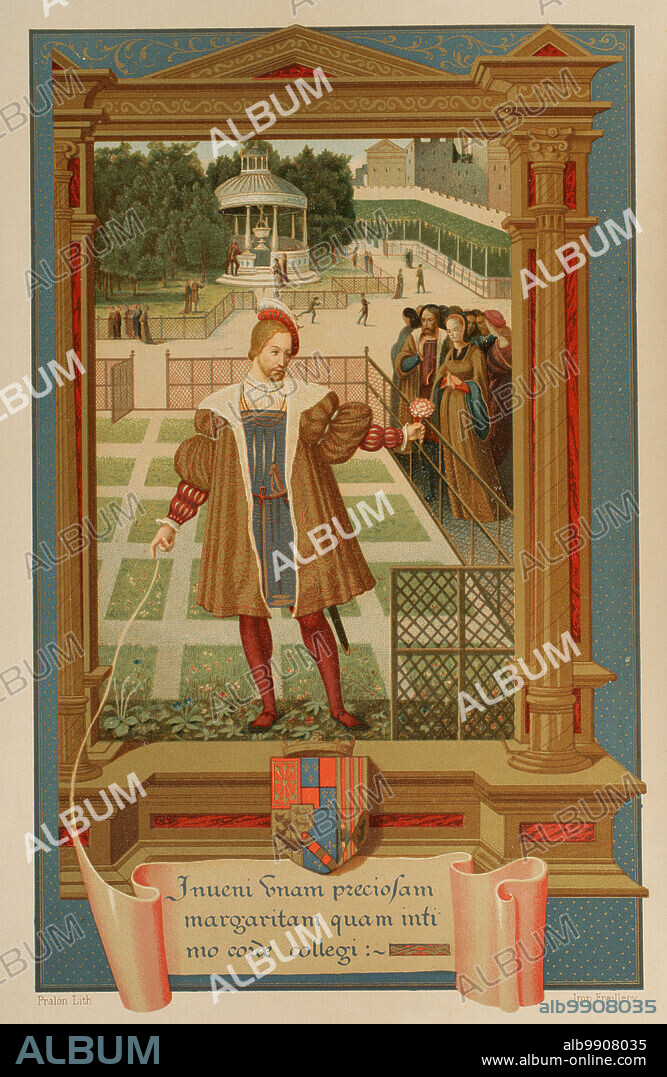 Henry II of Navarre (1503-1555). King of Navarre (1530-1555). The King of Navarre, Henry d'Albret, meeting Marguerite in the Gardens of Alençon. Chromolithography from a miniature of "Initiatoire instructive en la religion chrestienne", manuscript executed in the 16th century for Marguerite of Navarre, attributed to Geoffroy Tory. Henry is depicted finding the daisy in the gardens of Alençon. Sciences & Lettres au Moyen Age et à l'époque de la Renaissance. Paris, 1877.