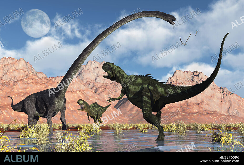 A pair of carnivorous Yangchuanosaurus dinosaurs confront an Omeisaurus dinosaur, in what is modern day China.