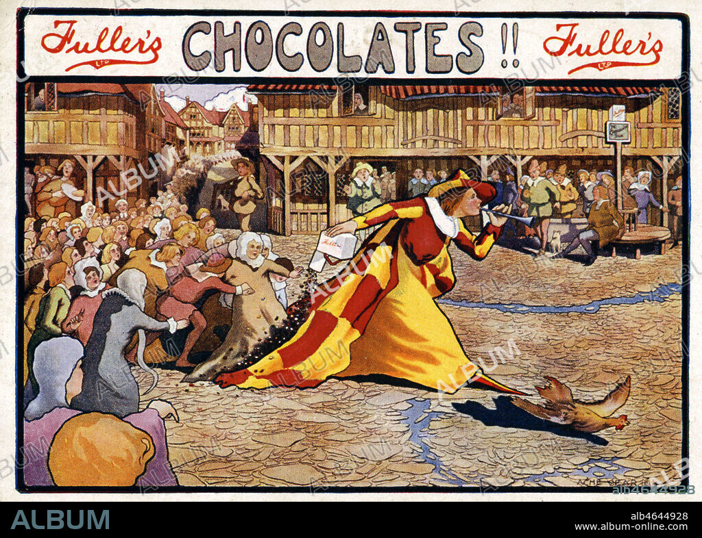 Un saltimbanque du Moyen-Age distribue du chocolat a des enfants. Carte postale publicitaire anglaise vers 1910 pour le chocolat FULLER'S. Illustration anonyme. Credit : Collection IM/KHARBINE-TAPABOR.
