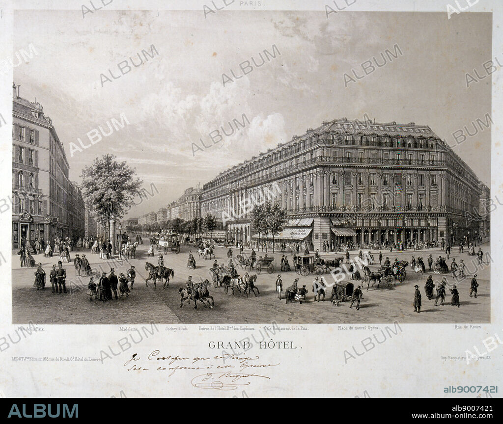 19th century view of the Grand Hotel, Paris near the intersection of the Place de L'Opera. The cafe de la Paix is seen with a lowered awning. Horse drawn carriages pass through the streets. Circa 1855.