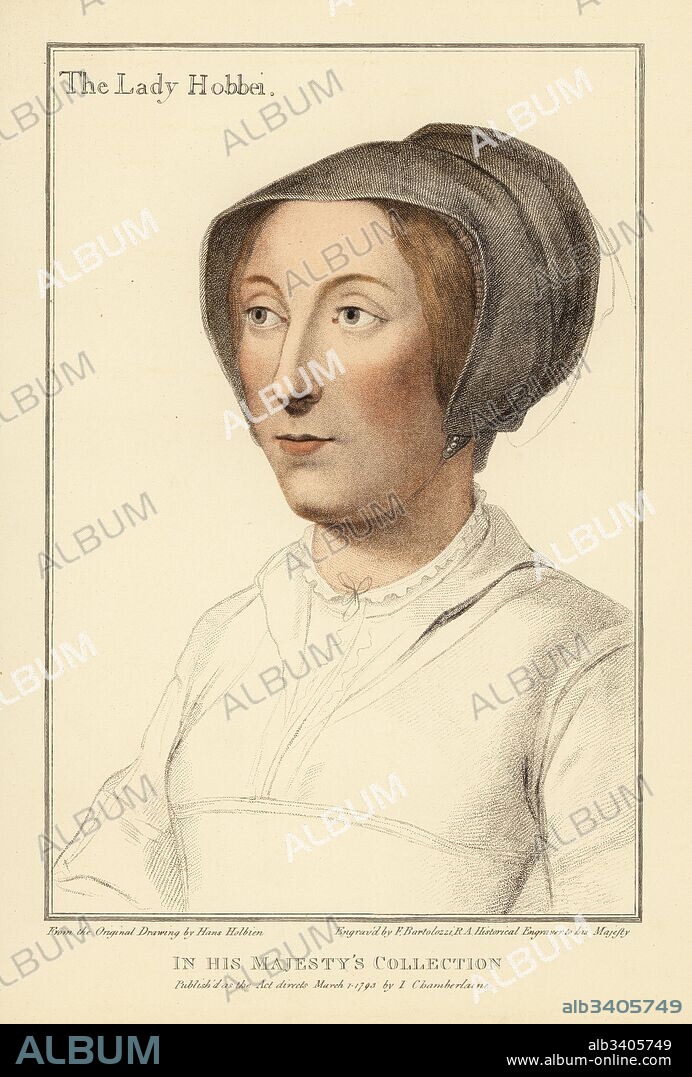 Elizabeth Cooke, Lady Hobby, wife of Sir Thomas Hobby (d. 1596). Handcoloured copperplate engraving by Francis Bartolozzi after Hans Holbein from Facsimiles of Original Drawings by Hans Holbein, Hamilton, Adams, London, 1884.