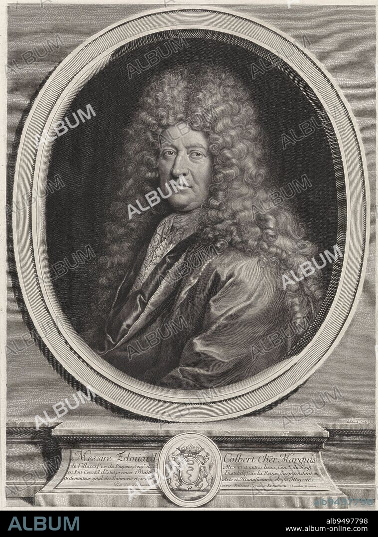 Portrait of Edouard Colbert de Villacerf, Gerard Edelinck, after Pierre Mignard (1612-1695), 1666 - 1707, Portrait of Edouard Colbert, Marquis of Villecerf, depicted in the half-side in an oval frame. Below the frame a console on which is a coat of arms with two unicorns and on either side of the coat of arms four lines of text in French., print maker: Gerard Edelinck, (mentioned on object), after: Pierre Mignard (1612-1695), (mentioned on object), Lodewijk XIV (koning van Frankrijk), (mentioned on object), print maker: Paris, after: Paris, France, 1666 - 1707, paper, engraving, h 493 mm × w 355 mm.