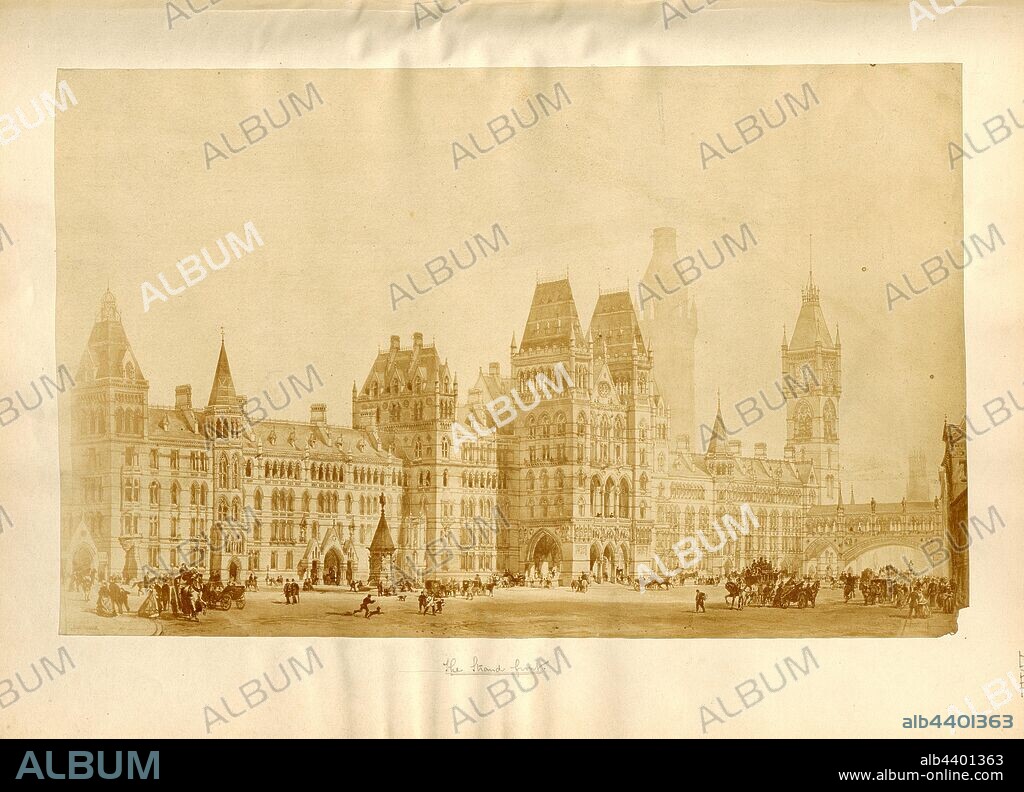 The Strand Front, Royal Courts of Justice in London towards the beach on plan by Alfred Waterhouse, Taf. XXII, after p. 24, Alfred Waterhouse: General description of design: courts of justice competition. London: printed by George E. Eyre and William Spottiswoode: Her Majesty's Stationery Office, 1867.