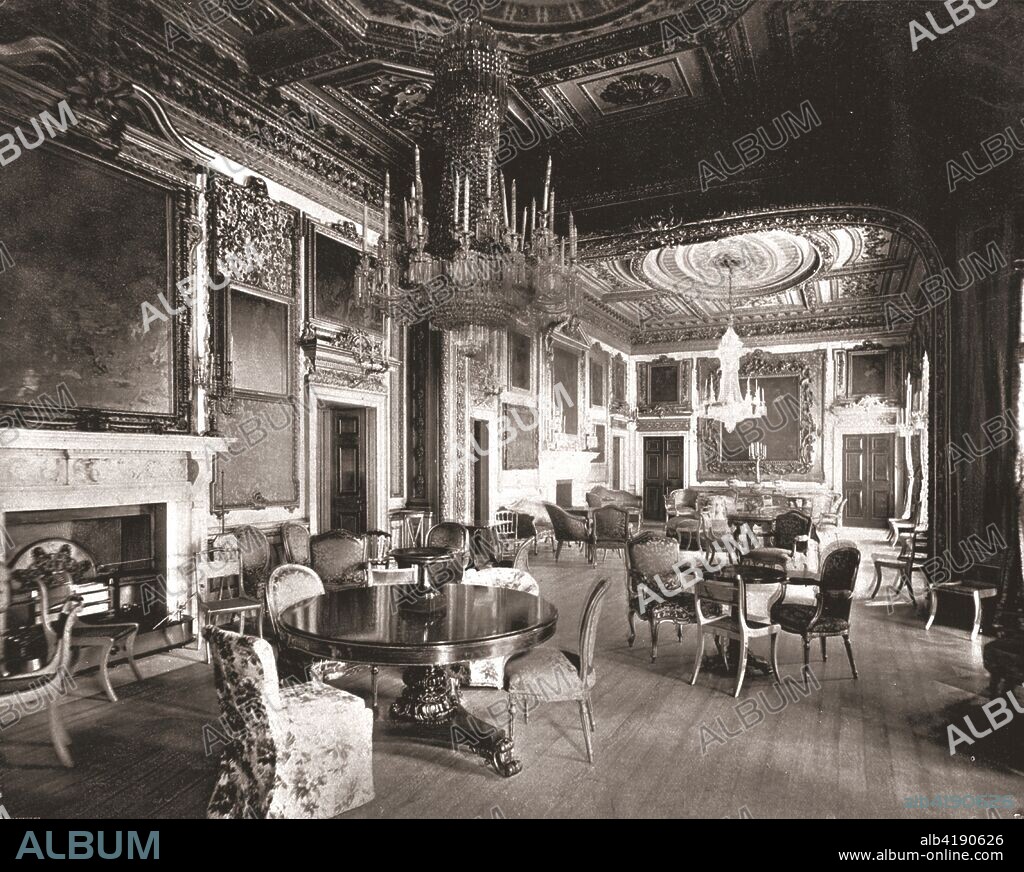 The Ballroom, Devonshire House, Berkeley Street, London, 1894. Palladian town house refurbished c1740, to designs by William Kent. It was the London residence of the Dukes of Devonshire, and was the setting for a brilliant social and political life, with lavish balls thrown by William Cavendish, 5th Duke of Devonshire and his wife, Lady Georgiana Spencer. From Beautiful Britain; views of our stately homes. [The Werner Company of Chicago, 1894].