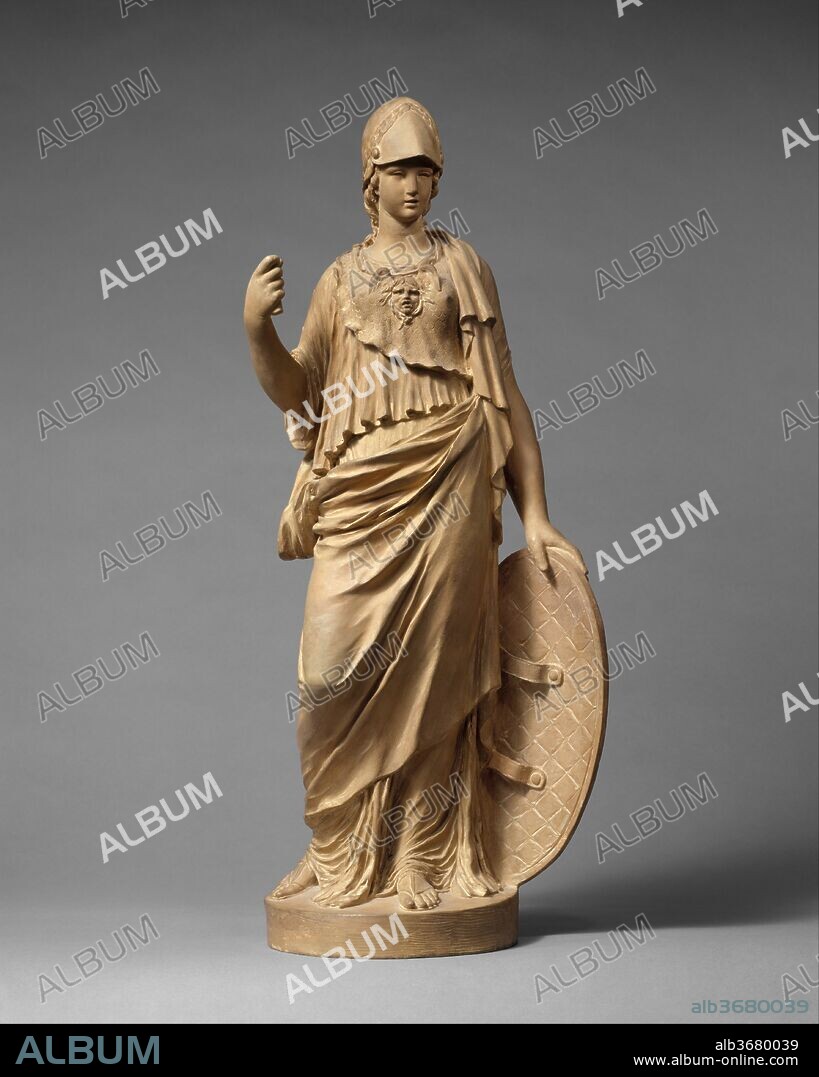 Minerva. Artist: Clodion (Claude Michel) (French, Nancy 1738-1814 Paris). Culture: French, modeled Italy, Rome. Dimensions: Height: 18 3/4 in. (47.6 cm). Date: 1766.
The entertaining French sculptor Claude Michel--called Clodion-- spent nine years in Italy (1762-71), where he attended the French Academy in Rome and studied important collections of antiquities. Instructed by Charles-Joseph Natoire, director of the French Academy, to study sculpture by making clay copies instead of drawing, Clodion soon perfected a type of highly finished small terracotta sculpture popular with eighteenth-century collectors. Minerva combines the features of several ancient marbles, most importantly the Minerva Giustiniani in the Vatican. Clodion depicts the goddess of wisdom and the arts wearing a helmet, Greek chiton and mantle draped over her left shoulder and wrapped around her waist. Her raised right hand once held a spear (now lost). Her lowered left hand steadies a shield with quilted padding and arm straps on the inside; a delicately incised head of Medusa appears on the other side, probably added to the damp clay before finishing, along with Clodion's signature at the base.