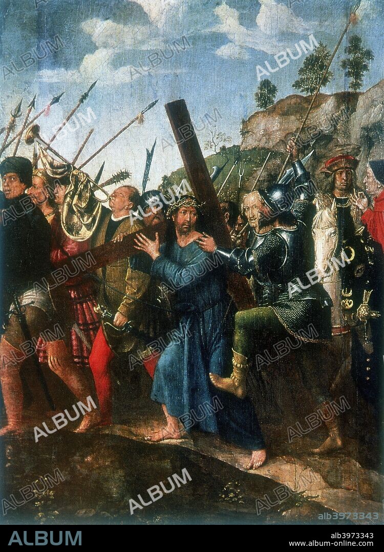 'Jesus on the Road to Calvary', late 15th/early 16th century. Jesus, wearing the crown of thorns carrying his cross, urged on by a soldier. From the Pushkin Museum of Fine Art, Moscow.