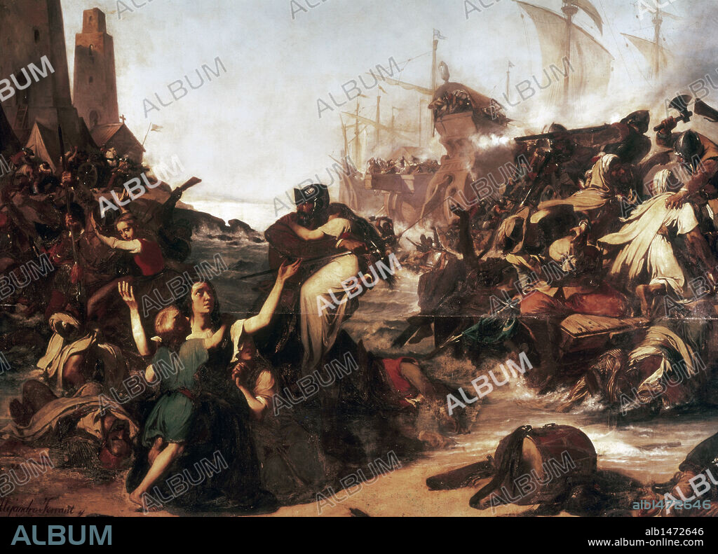 Action of weapons of Cadiz against the Moors in 1574. Barbary pirates on the  Torregorda beach. Oil on canvas by Alejandro Ferrant y Fischermans  (1843-1917). Museum of Fine Arts of Cadiz. Andalusia. Spain.