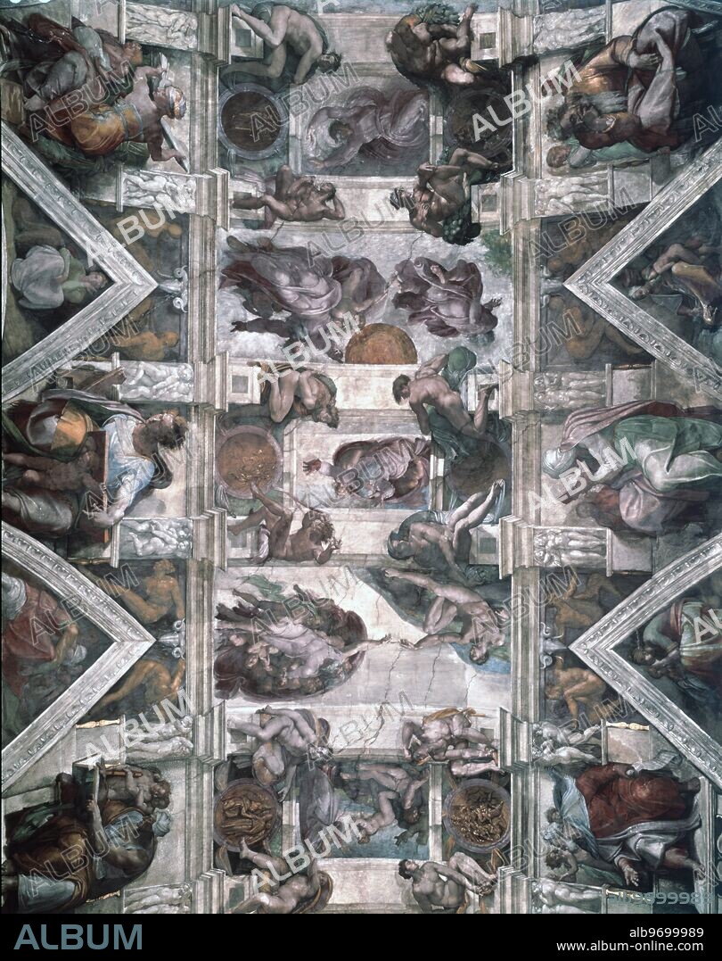The ceiling of the Sistine Chapel in the Vatican, Rome. Showing the Creation of Adam, with God and Eve separating the light from the dark. (1511-12) fresco. Michelangelo di Lodovico Buonarroti Simoni, commonly known as Michelangelo, (March 6, 1475 - February 18, 1564) was a Renaissance sculptor, architect, painter, and poet. ©TopFoto.