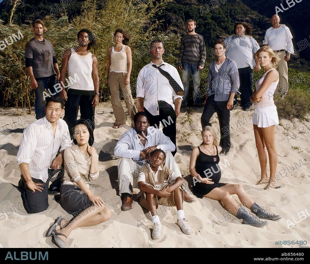 DANIEL DAE KIM, DOMINIC MONAGHAN, EMILIE DE RAVIN, EVANGELINE LILLY, HAROLD PERRINEAU JR, IAN SOMERHALDER, JORGE GARCIA, JOSH HOLLOWAY, MAGGIE GRACE, MALCOLM DAVID KELLEY, MATTHEW FOX, NAVEEN ANDREWS, TERRY O'QUINN and YUNJIN KIM in LOST, 2004. Copyright ABC.