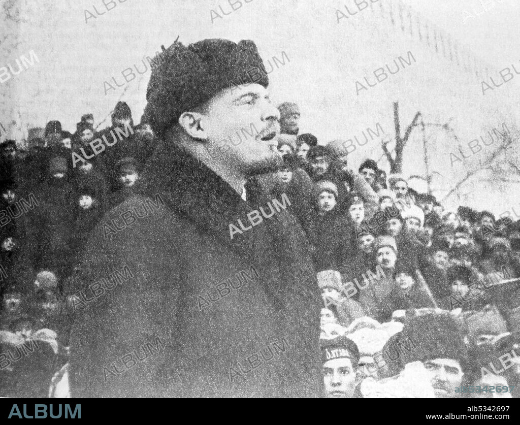 V.I. Lenin delivers a speech on Red Square on the day of the funeral of Y. M. Sverdlov. Moscow. March 18, 1919.