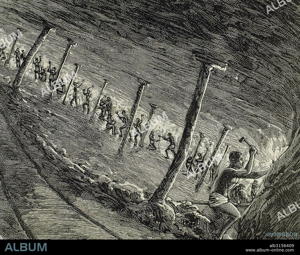 ESCLAVOS trabajando en el interior de una mina de oro. Grabado del siglo XIX. "La Ilustración Artística".