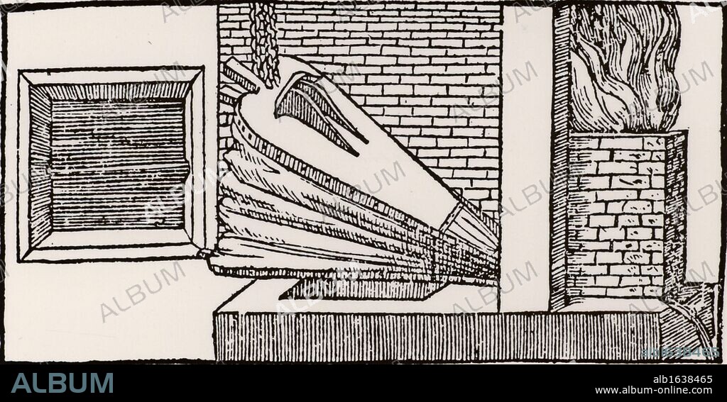 Smelting iron ore in a blast furnace.   From "De la pirotechnia" by Vannoccio Biringuccio (Venice, 1540).   (Photo by: Universal History Archive/UIG via Getty Images).
