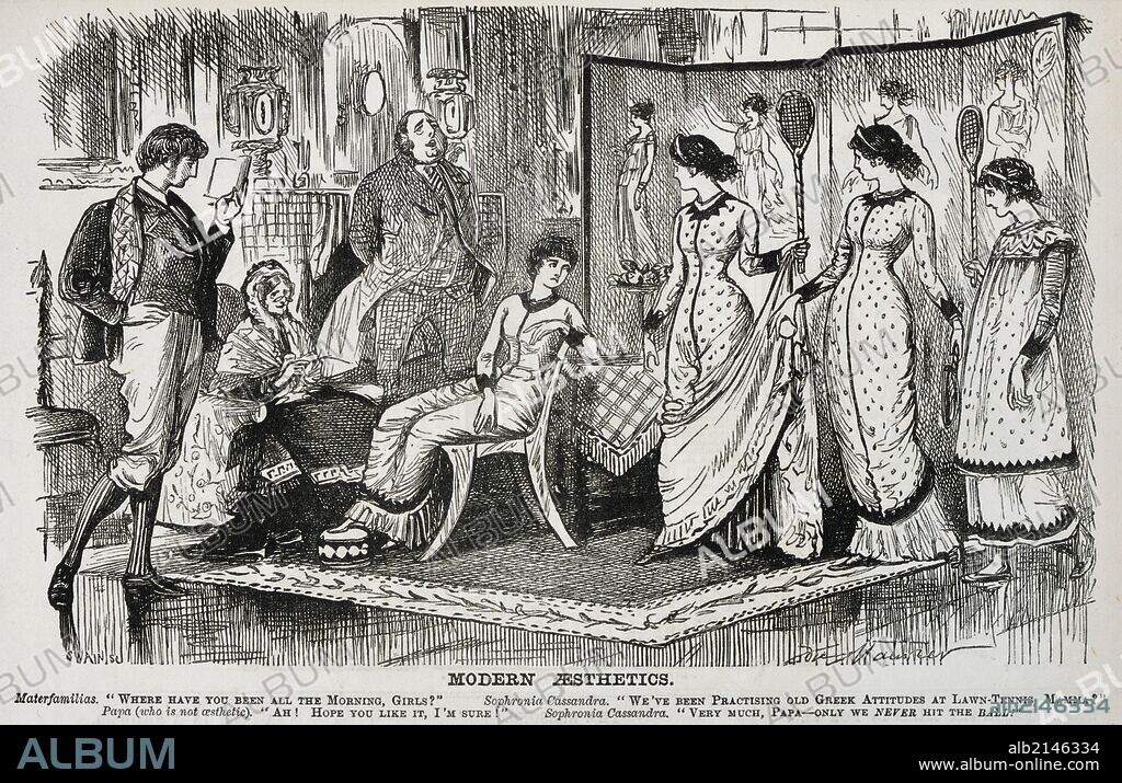 George du Maurier cartoon on the fashionable Aesthetic Movement in the decorative arts. From ''Punch'', London, 1878. (Photo by: Universal History Archive/UIG via Getty Images).