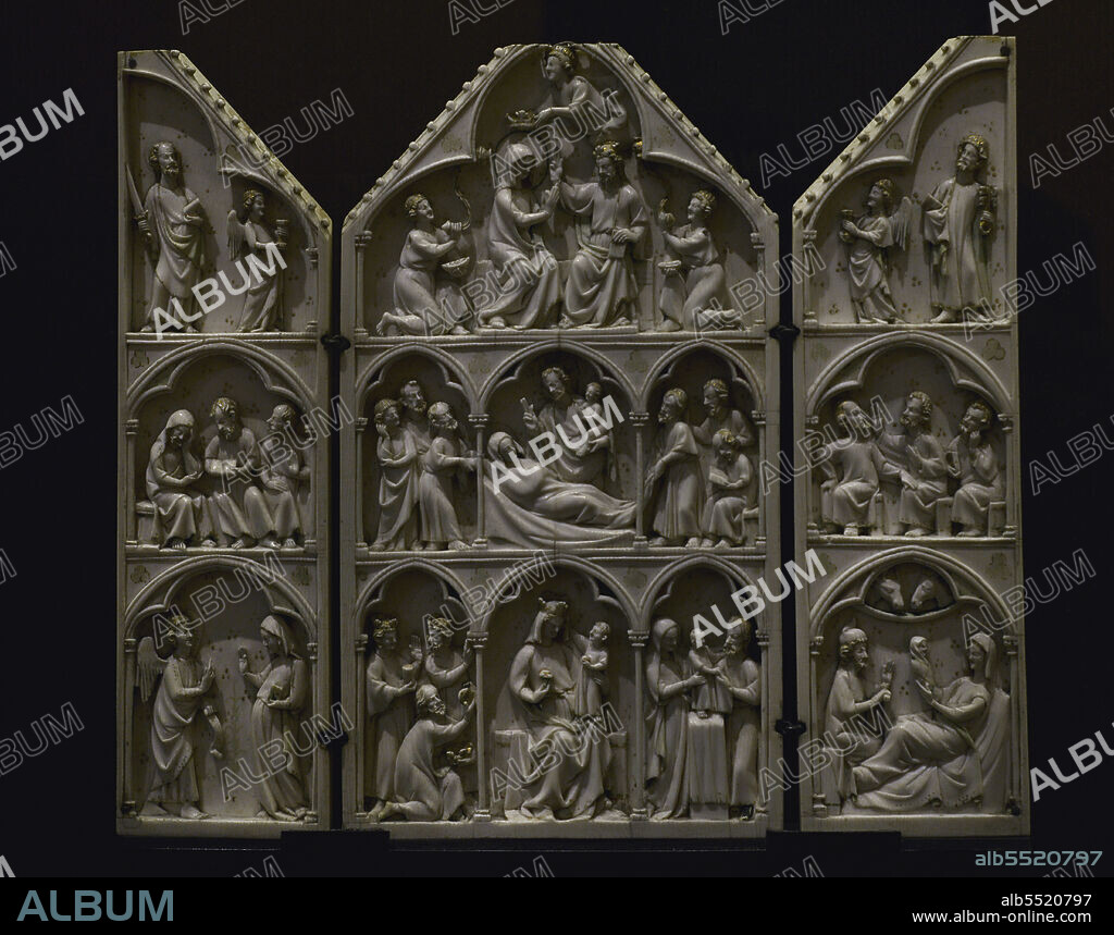 Tríptico con escenas de la vida y muerte de la Virgen. Realizado en un taller de París, h. 1325-1350. Francia. Marfil. Museo Calouste Gulbenkian. Lisboa. Portugal.