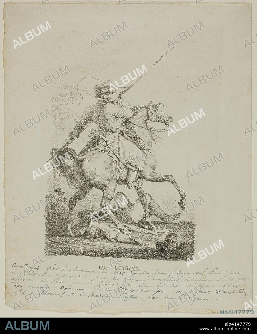 LOUIS FRANCOIS LEJEUNE. A Cossack. Louis F. Lejeune (French, 1775-1848); printed by Alois Senefelder (German, 1771-1834). Date: 1805. Dimensions: 182 × 129 mm (image); 264 × 211 mm (sheet). Lithograph in black on ivory wove paper. Origin: France.
