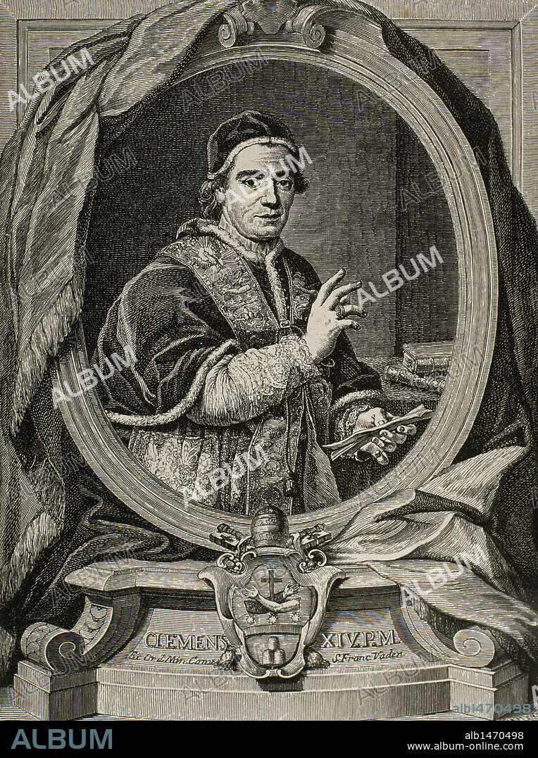 CLEMENTE XIV (1705-1774). Papa italiano, de nombre Giovanni Vincenzo Antonio Ganganelli, elegido en 1769. Grabado.