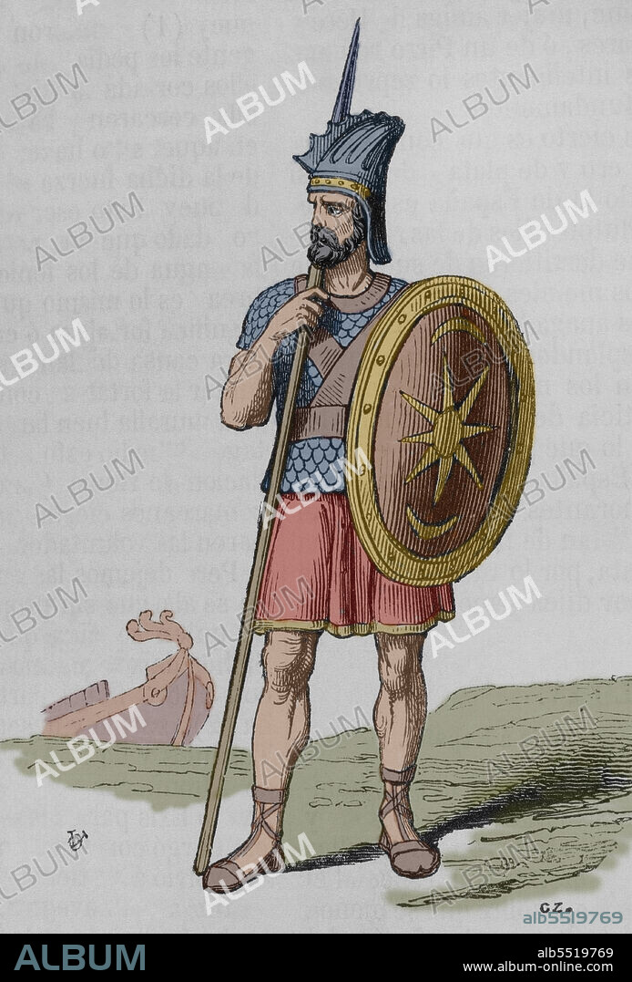 Ancient history. Phoenician warrior. Engraving. Later colouration. Historia General de España by Father Mariana. Madrid, 1852.