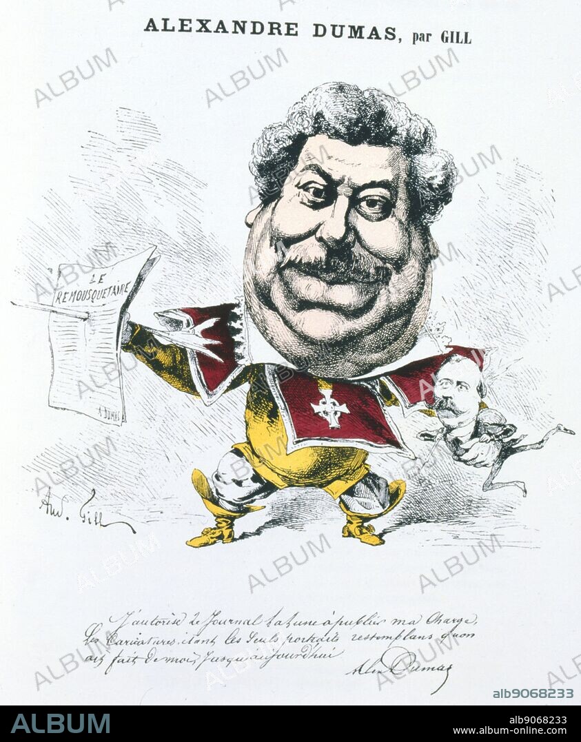 Alexandre Dumas the Elder (1802-1870) French novelst and playwright. Cartoon by Andre Gill, 1866, showing Dumas dressed as a Musketeer. 'The Three Musketeers' (Les Trois Mousquetaires) his great novel of 1845.