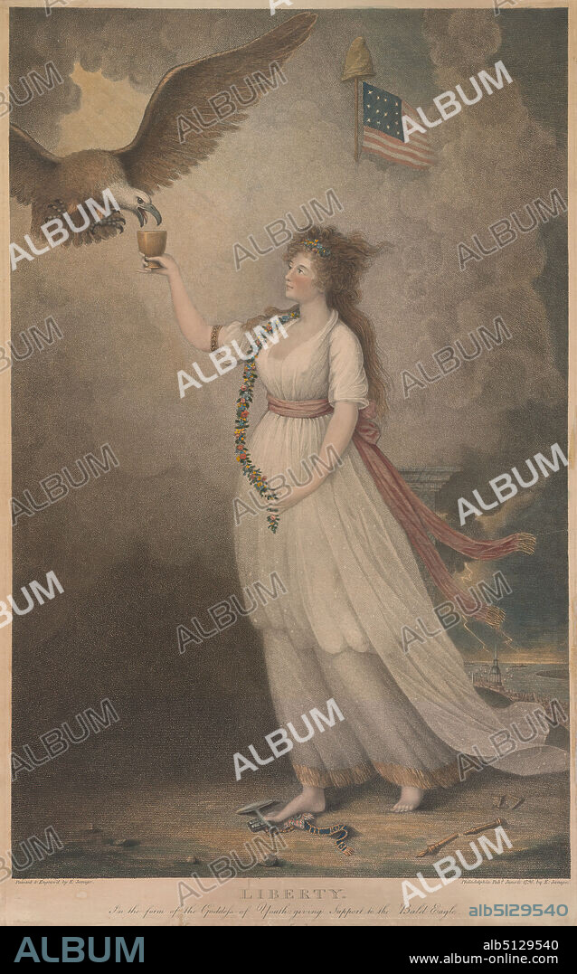 Artist: Edward Savage, American, 17611817, Liberty: In the form of the Goddess of Youth, giving Support to the Bald Eagle, Stipple engraving printed in colors, sheet: 63.5 × 41.59 cm (25 × 16 3/8 in.), Made in United States, American, 18th century, Works on Paper - Prints.