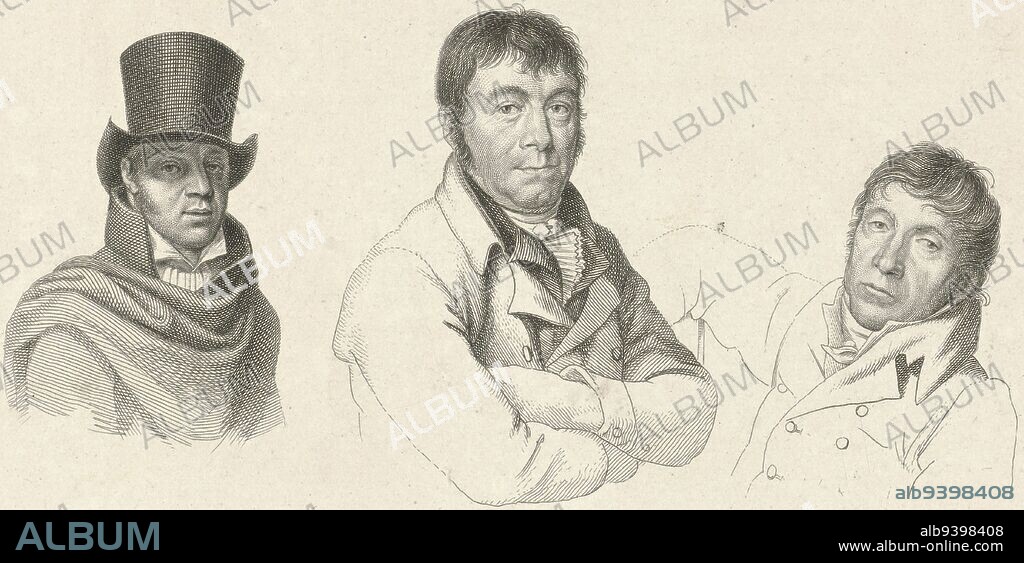 Portraits of the artists Jan Kamphuysen, Dirk Versteegh and Hendrik de Flines., Portraits of Jan Kamphuysen, Dirk Versteegh and Hendrik de Flines, print maker: Jacob Ernst Marcus, (mentioned on object), intermediary draughtsman: Hendrik Willem Caspari, Amsterdam, 1813 - 1814, paper, etching, h 153 mm × w 233 mm.