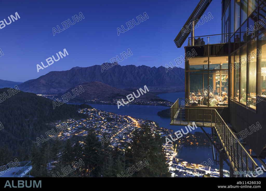 View over Queenstown and Lake Wakatipu from Skyline Queenstown Bar and Restaurant, Otago, South Island, New Zealand, Pacific.