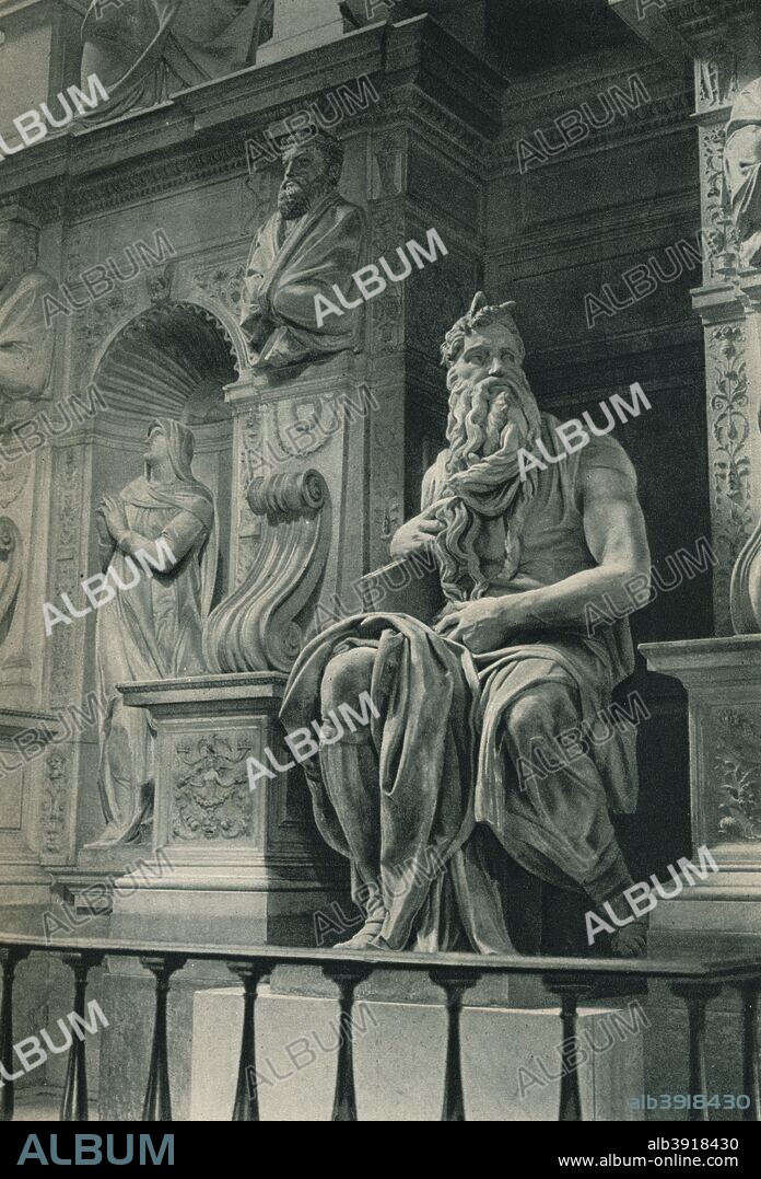 Moses, sculpture by Michelangelo in the Church of San Pietro in Vincoli, Rome, Italy, c1926 (1927). The sculpture was commissioned in 1505 by Pope Julius II (1443-1513) for his tomb. From Italien in Bildern, by Eugen Poppel [August Scherl, Berlin, 1927].