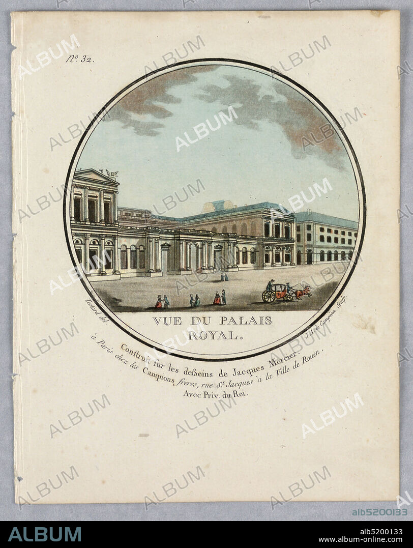 The Palais Royal, Plate 32 of Vues Pittoresques de Principaux édifices de Paris, J. A. Campion, French, active 1750 - 1800, Jean Testard, French, b. ca. 1740, Les Campion Frères, Paris, France, Engraving, brush and watercolor on paper, View of the Palais Royal from the left front ,across the street. A carriage and people in the street. Title, artists' and publisher's (and architect's) names below., Paris, France, 1742, Print, Print.