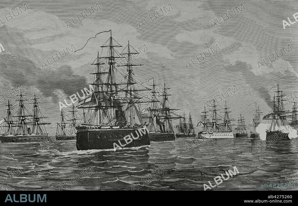EUGENIO VELA (D. 1895). SPANISH ENGRAVER.. Sucesos de Egipto, 1882. Llegada de la escuadra anglo-francesa a la bahía de Suda, cerca de Alejandría. De izquierda a derecha: "HMS Invincible", "HMS Monarch", "HMS Superb", "HMS Temeraire", "Forbin", "La Gallissonniere", "Betern", "HMS Alexandra", "Idjalalied". Grabado por Vela. La Ilustración Española y Americana, 15 junio de 1882.