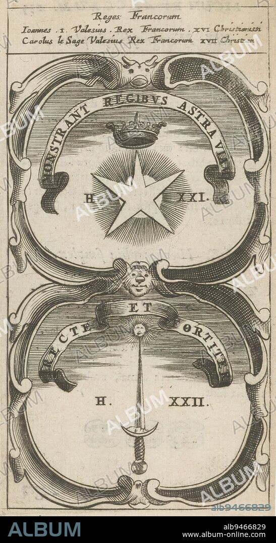 Crowned five-pointed star / Sword with sun on tip, Monstrant Regibus Astra Viam / Recte Et Fortite (title on object), Symbola Divina et Humana Pontificum Imperatorum Regum (series title), An emblem with two representations. Above a crowned five-pointed star in a halo. Below a sword. On the tip a sun. These are currencies of John II and Charles V of France., print maker: anonymous, after print by: Aegidius Sadeler (II), 1666, paper, engraving, letterpress printing, height 121 mm × width 68 mm.
