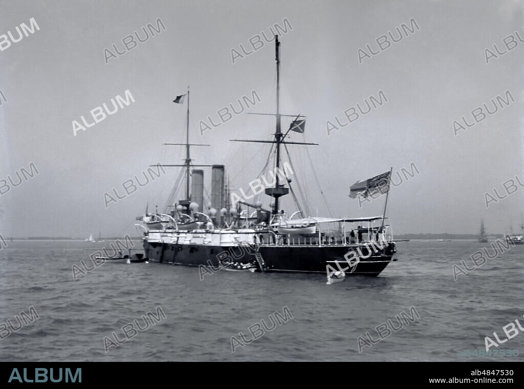 Negative circa 1900, Victorian era. HMS Australia 'Orlando' Class, Second Class (belted) Cruiser.  Class of seven ships completed 1888-1890, Spithead Naval Review 1902.