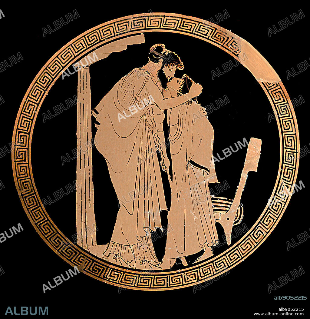 Greek dish depicting an erastes (lover) and an eromenos (beloved) kissing. Circa 500 BC.