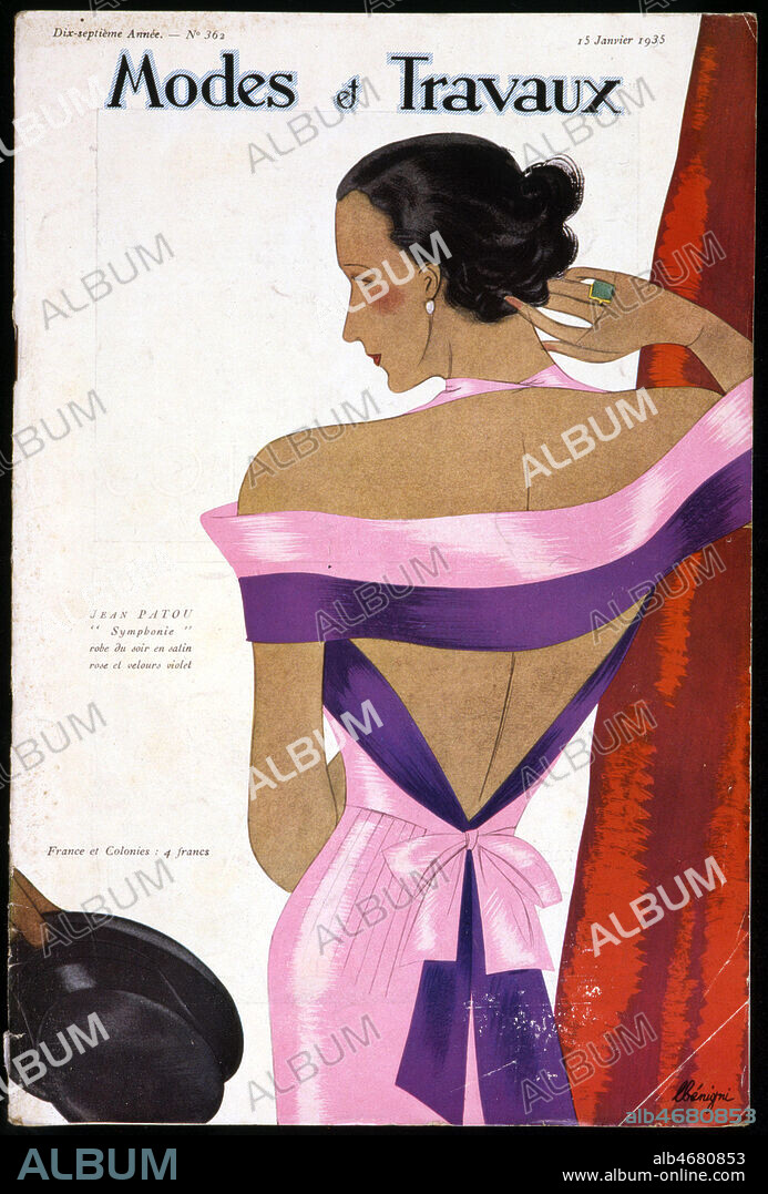 Robe du soir de Jean PATOU (1887-1936) en couverture de Modes et Travaux du 15/01/1935 illustration Leon Benigni (1892-1948). Credit : Collection KHARBINE-TAPABOR.