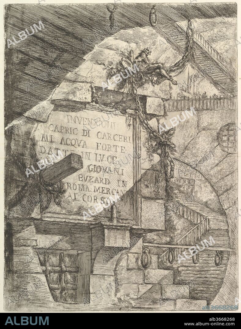 Title Page, from Carceri d'invenzione (Imaginary Prisons). Artist: Giovanni Battista Piranesi (Italian, Mogliano Veneto 1720-1778 Rome). Dimensions: Sheet: 25 1/16 x 19 7/16 in. (63.6 x 49.4 cm)
Plate: 21 1/2 x 16 5/16 in. (54.6 x 41.4 cm). Publisher: Giovanni Bouchard (French, ca. 1716-1795). Series/Portfolio: Carceri (Prisons). Date: ca. 1749-50.