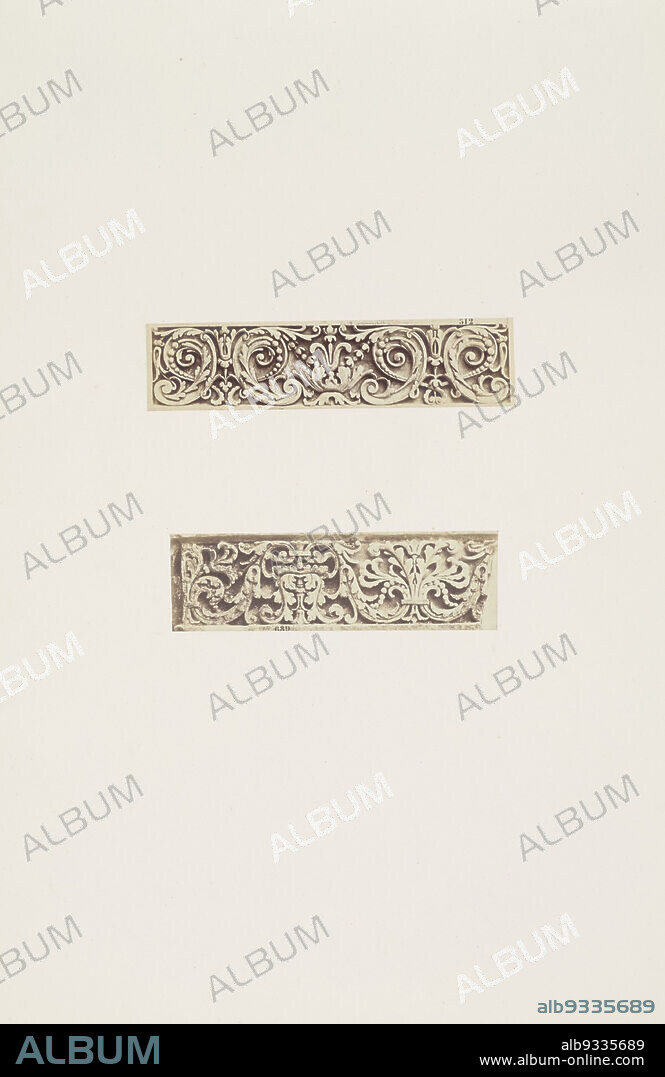 Plaster models for decorations on the Palais du Louvre by Pierre Edouard Charrier, Part of Réunion des Tuileries au Louvre 1852-1857, album 3., Édouard Denis Baldus, Pierre Edouard Charrier, Paris, c. 1855 - c. 1857, paper, salted paper print, height 378 mm × width 556 mm.