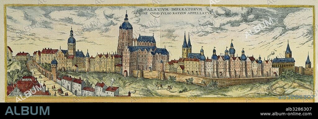 Czech Republic. Prague. Panorama of the city with the Imperial Palace, in the 17th century. Lithograph.
