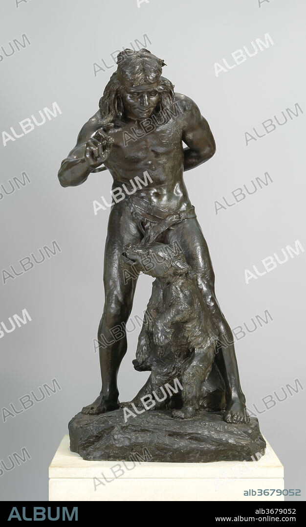 Bohemian Bear Tamer. Artist: Paul Wayland Bartlett (American, New Haven, Connecticut 1865-1925 Paris). Dimensions: 69 3/8 x 33 x 45 1/2 in. (176.2 x 83.8 x 115.6 cm). Date: 1885-87, cast 1888.
Trained at the prestigious École des Beaux-Arts in Paris, Bartlett completed Bohemian Bear Tamer, his first large group, when he was just twenty-two years old. It depicts a well-muscled Gypsy with two bear cubs, one diligently responding to the animated snap of its trainer's fingers, the other lazily scratching behind its ear. The bears are not aware of their potential brute power; thus, the underlying theme is man's superiority as the thinking species. Bartlett was inspired not only by itinerant animal shows he had seen around Paris but also by intense contemporary interest in the evolutionary principles of Charles Darwin (1809-1882) and the 1868 discovery of Paleolithic skeletons at Cro-Magnon, in southwestern France.