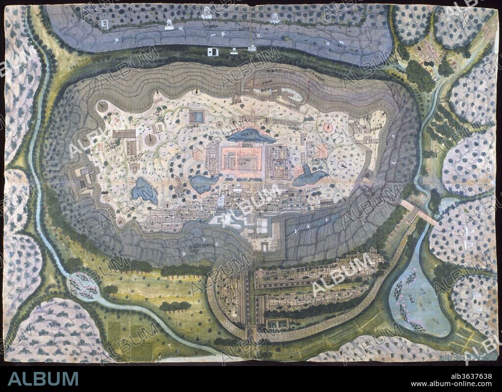 Fortified City of Ranthambhor. Artist: Generation of Bagta (active ca. 1761-1814). Culture: India (Jaipur, Rajasthan). Dimensions: Overall: 29 x 40 5/8 in. (73.7 x 103.2 cm)
Framed: 39 3/4 x 50 3/4 in. (101 x 128.9 cm). Date: ca. 1810-18.
This topographical rendering of the immense Ranthambhor fort, with its twenty-four miles of walls, effectively emphasized Maharaja Jagat Singh's military standing. The painting comes from the innovative generation of the great artist Bagta. While the landscape and obliquely presented structures relate to traditional Indian painting, their accurate distribution suggests a conceptual familiarity with the language of mapmaking. European prints had shown military fortifications from above for nearly three hundred years. Jagat Singh must have known some of these images and was thus positioning himself within this larger tradition.