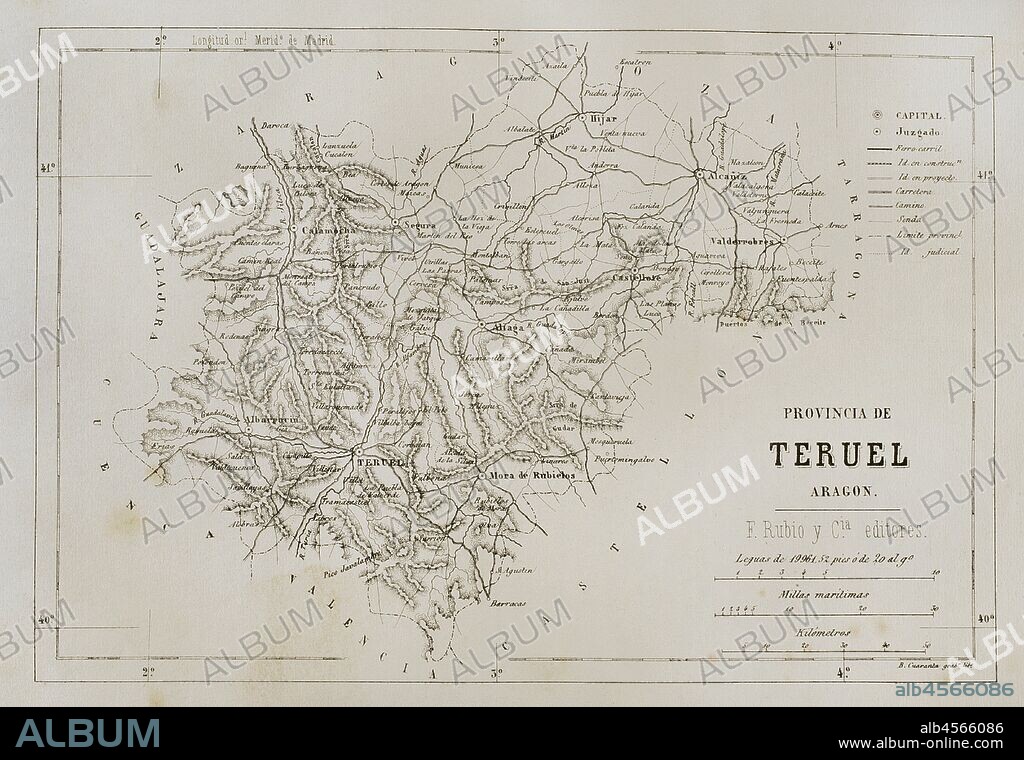 Mapa de la Provincia de Teruel (Aragón, España). Crónica General de España, Historia Ilustrada y Descriptiva de sus Provincias. Aragón, 1866. Biblioteca Histórico Militar de Barcelona, Cataluña, España.